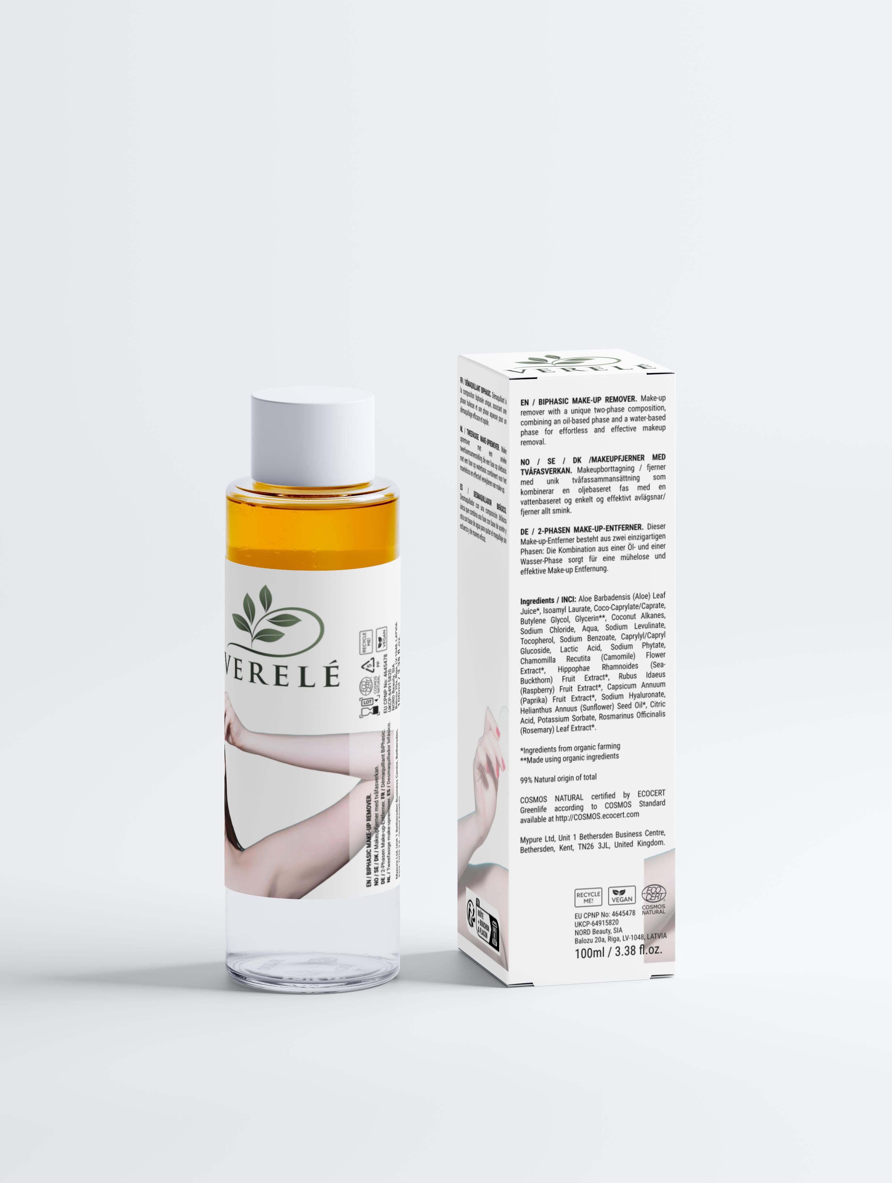 BiPhasic Make-up Remover with Organic Aloe & Hyaluronic Acid – Gentle & Effective – COSMOS NATURAL Certified, Made from Natural Ingredients in Europe by Verelé, 100 ml / 3.38 fl oz - Verele