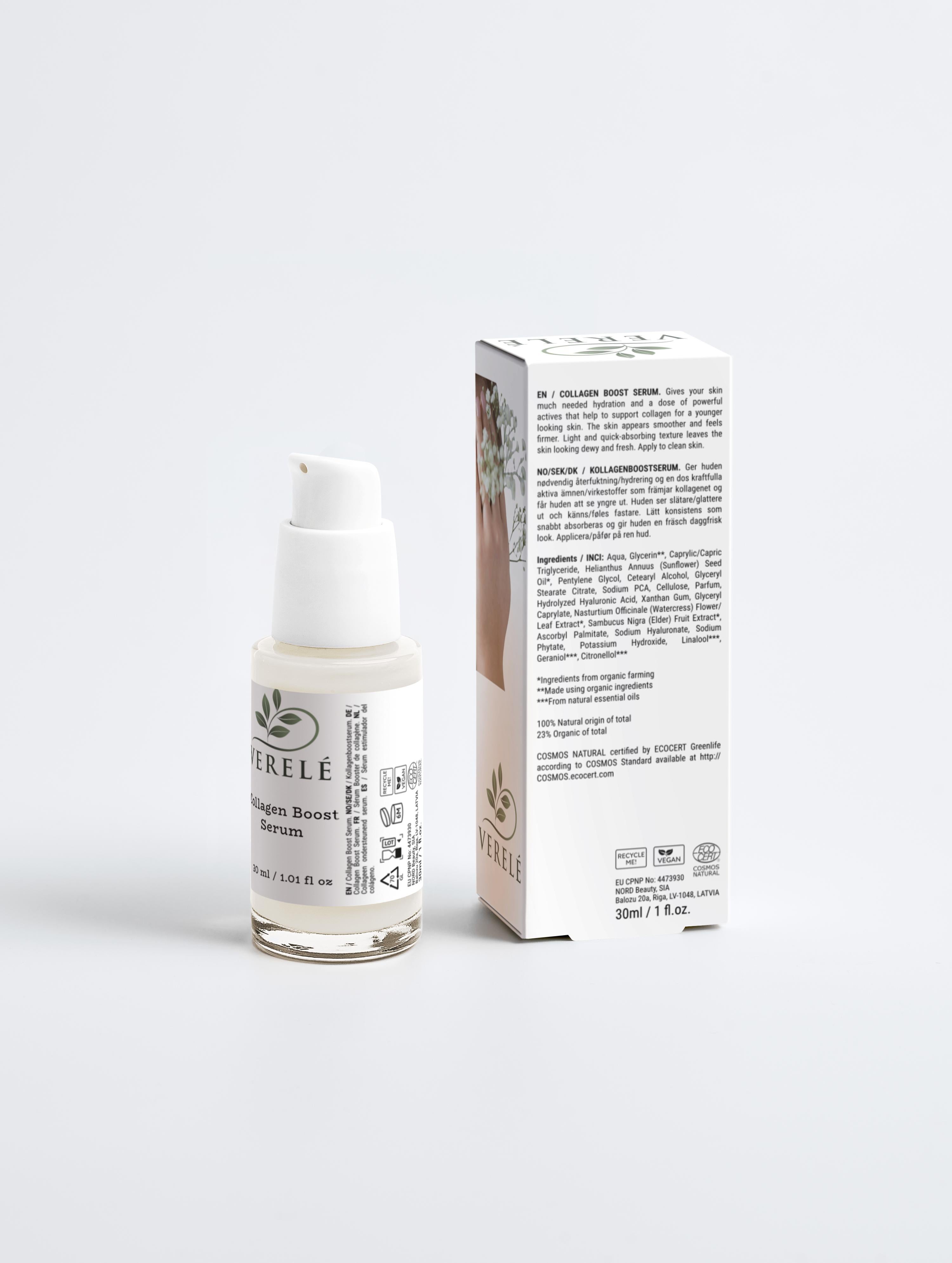 Collagen Boost Serum with Hyaluronic Acid & Sodium PCA – Hydrating & Quick-Absorbing – COSMOS NATURAL Certified, Made from Natural Ingredients in Europe by Verelé, 30 ml / 1.01 fl oz - Verele