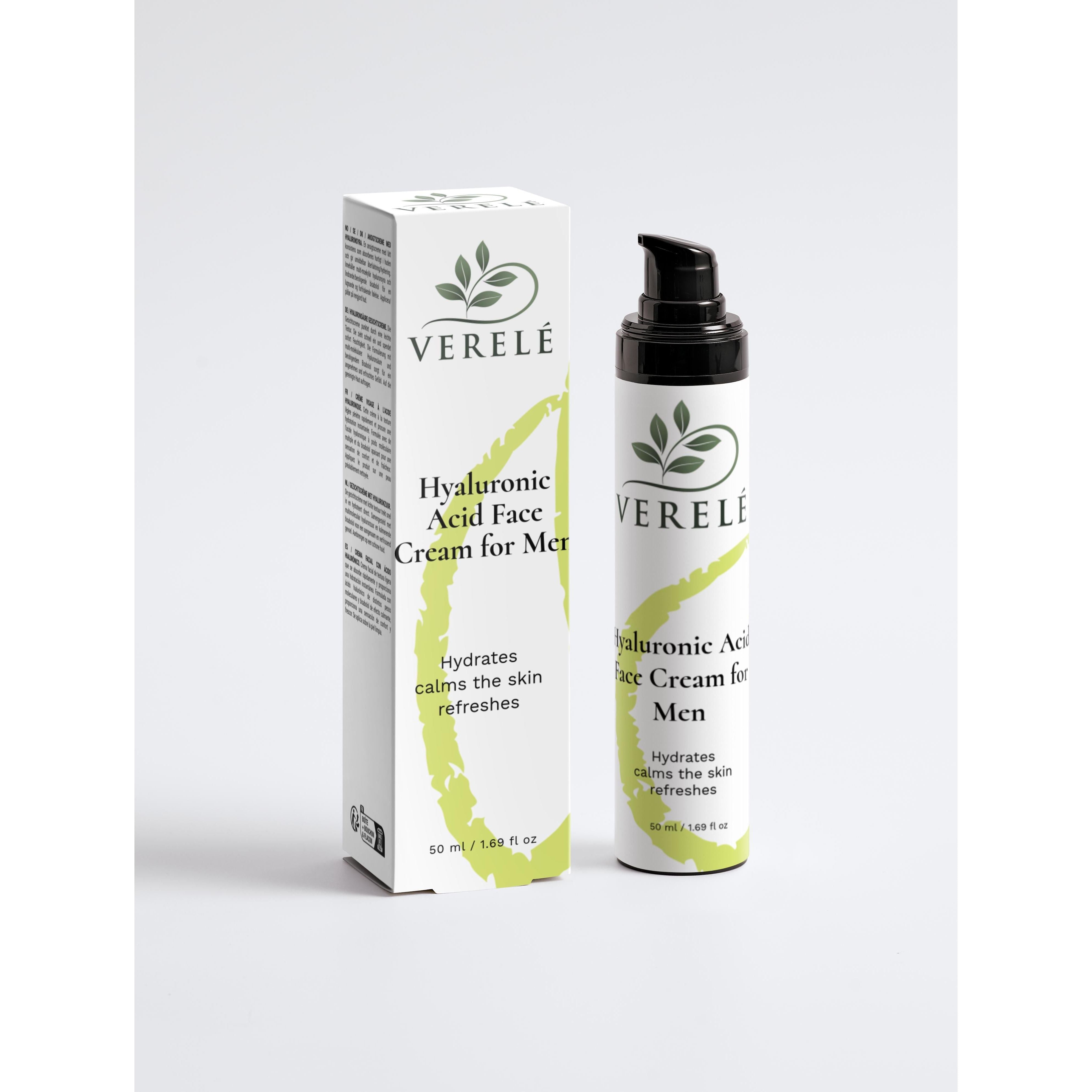 Hyaluronic Acid Face Cream for Men with Aloe & Jojoba Oil – Hydrating & Soothing After Shaving – COSMOS NATURAL Certified, Made from Natural Ingredients in Europe by Verelé, 50 ml / 1.69 fl oz - Verele