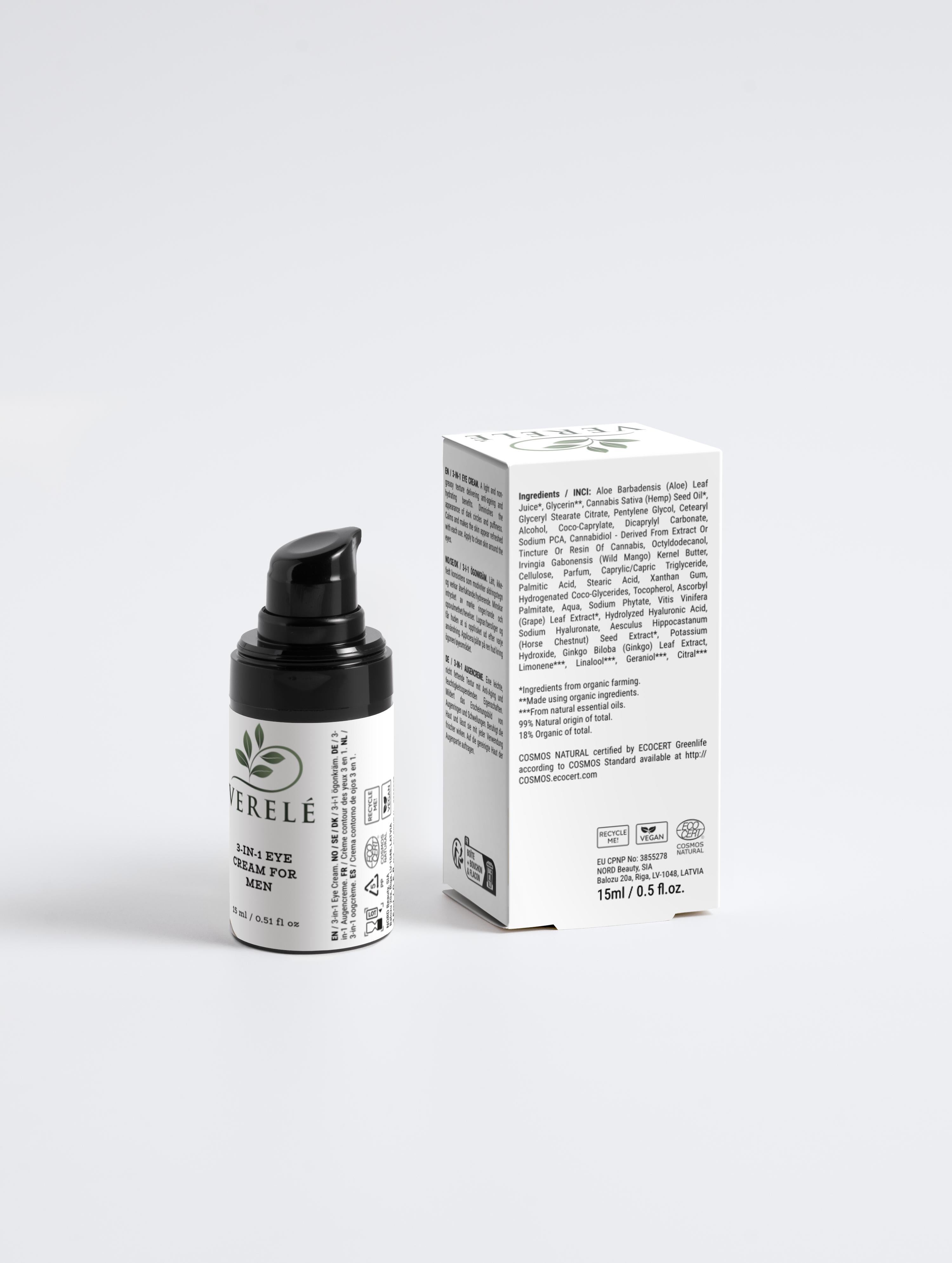 3-in-1 Anti-Aging Eye Cream for Men with Cannabidiol & Hyaluronic Acid – Hydrating & Refreshing – COSMOS NATURAL Certified, Made in Europe by Verelé, 15 ml / 0.51 fl oz - Verele