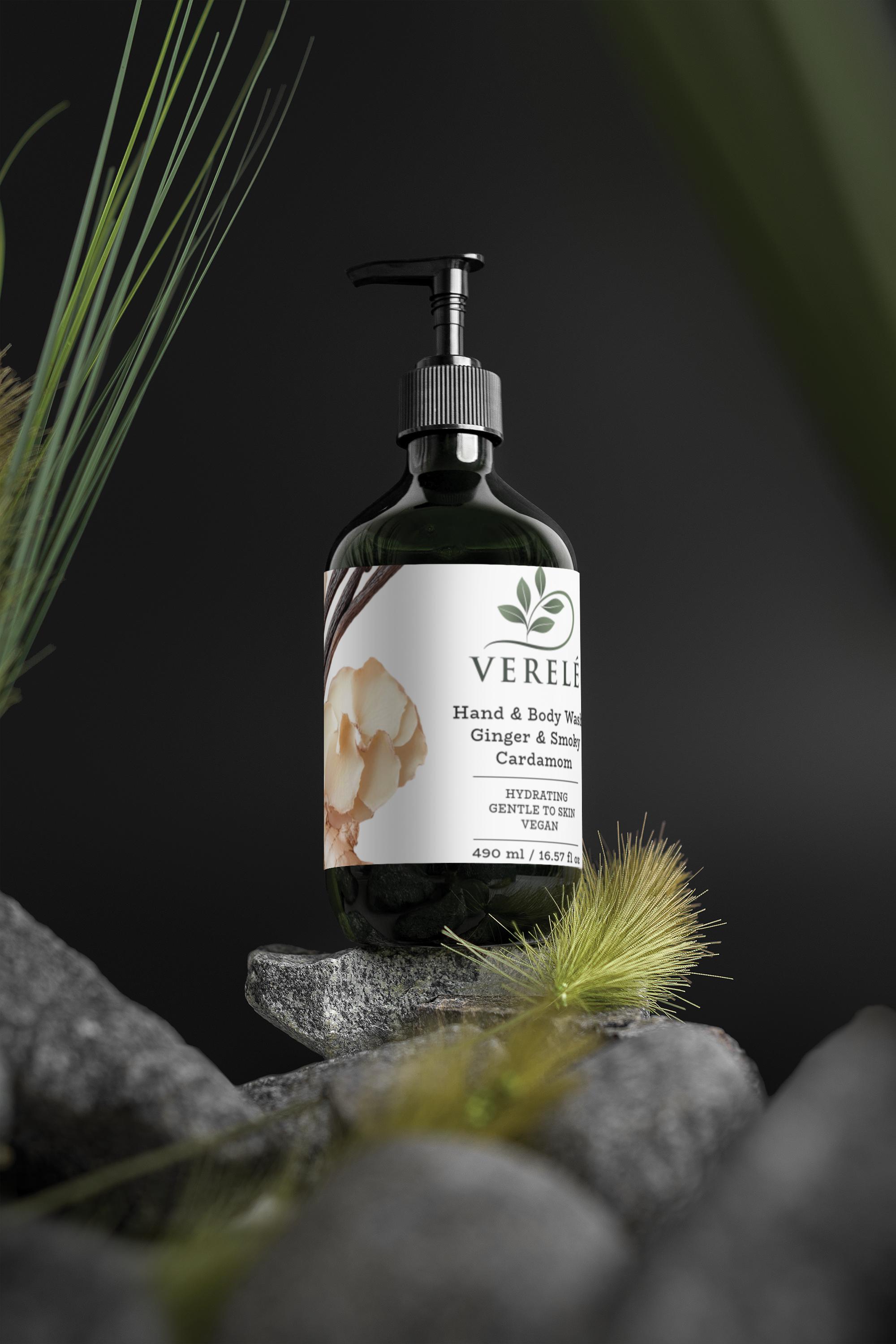 Hand & Body Wash with Organic Quince & Betaine – Ginger & Smoky Cardamom Scent – Hydrating & Vegan – COSMOS NATURAL Certified, Made in Europe by Verelé, 490 ml / 16.57 fl oz - Verele