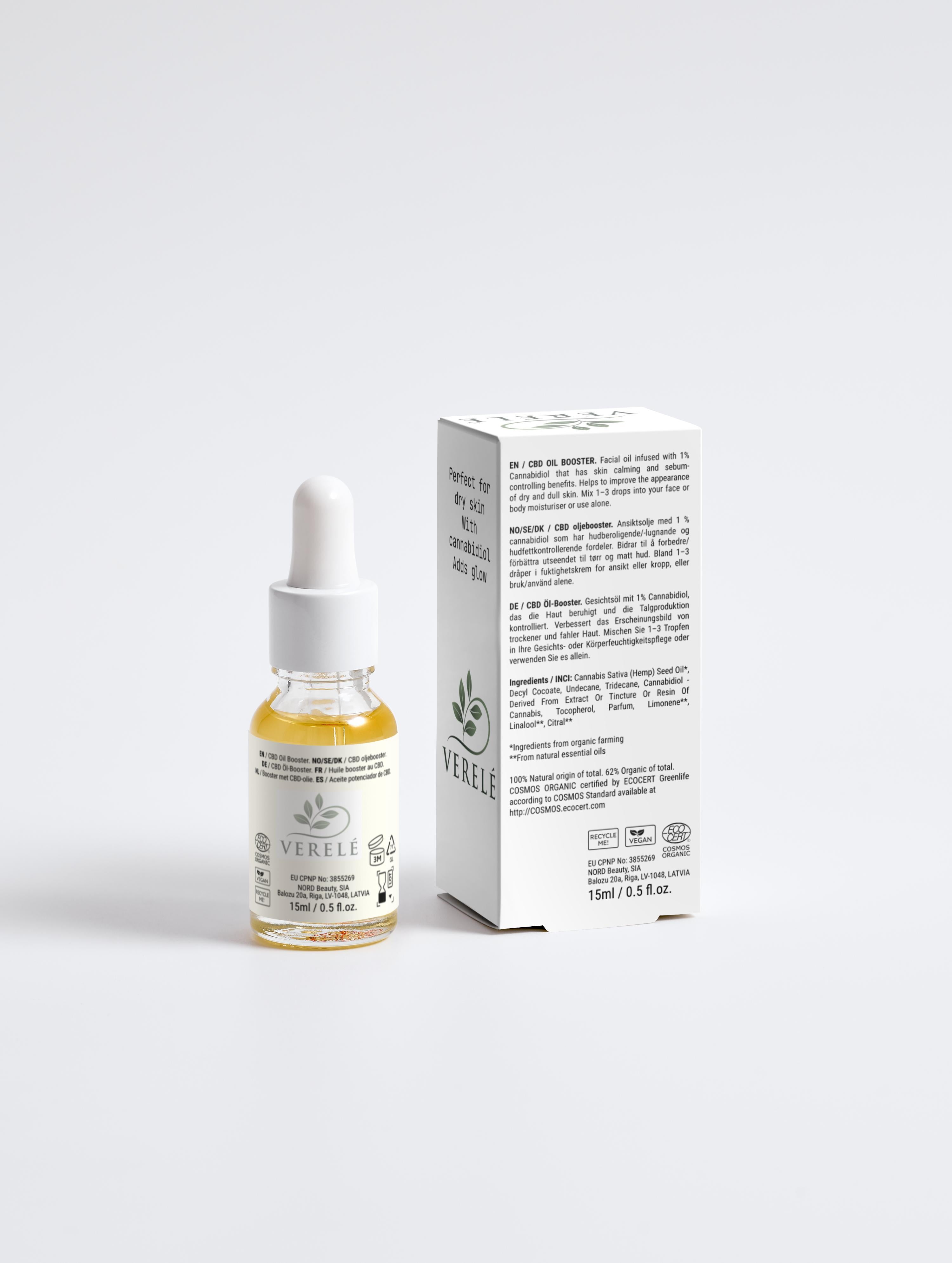 Facial Oil with 1% CBD, Hemp Seed Oil & Sebum Control – Organic & Vegan – COSMOS ORGANIC Certified, Made in Europe by Verelé, 15 ml / 0.51 fl oz - Verele
