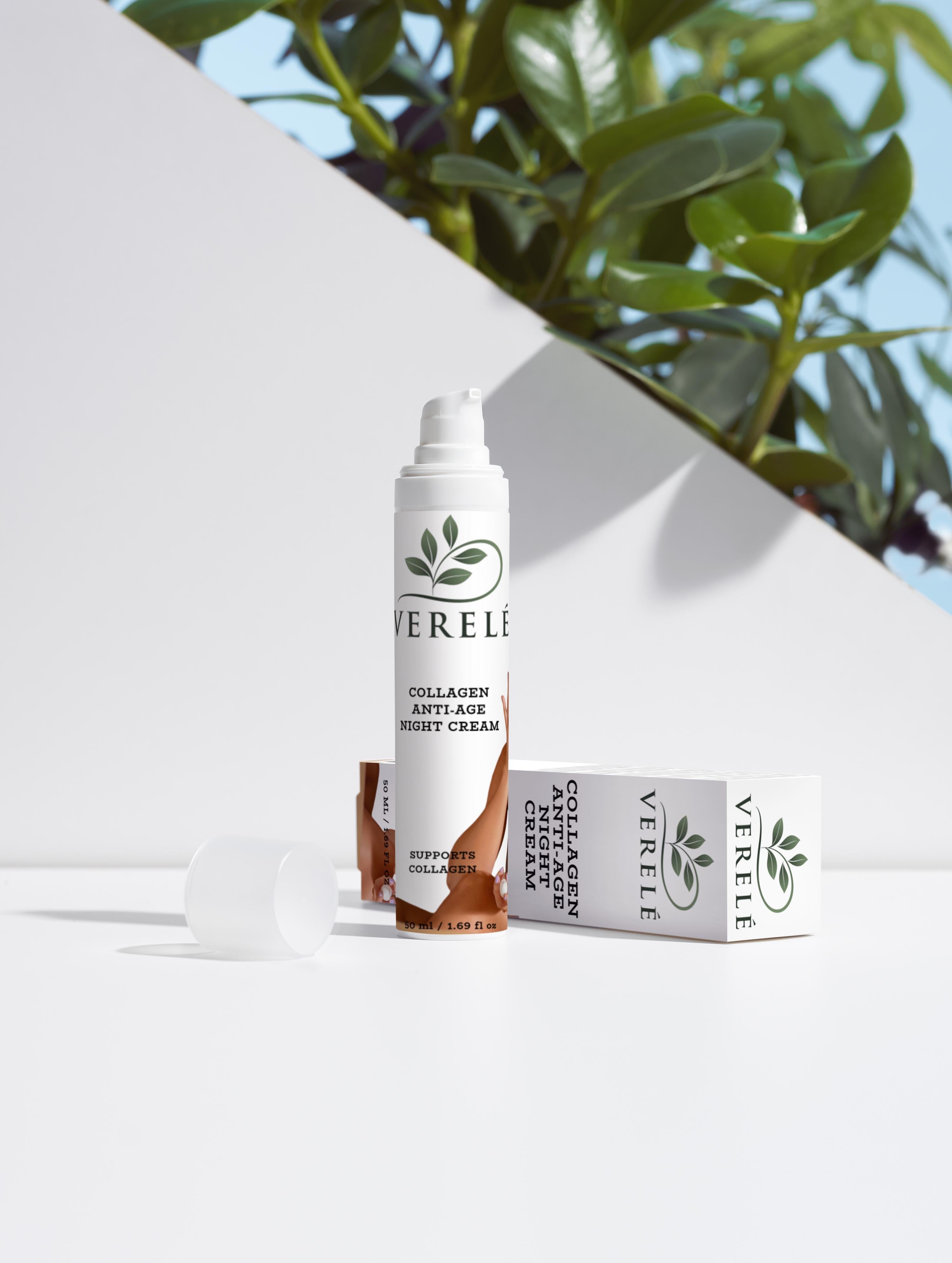 Collagen Anti-Age Night Cream with Organic Shea & Cocoa Butter – Firming & Hydrating – COSMOS NATURAL Certified, Made in Europe by Verelé, 50 ml / 1.69 fl oz - Verele