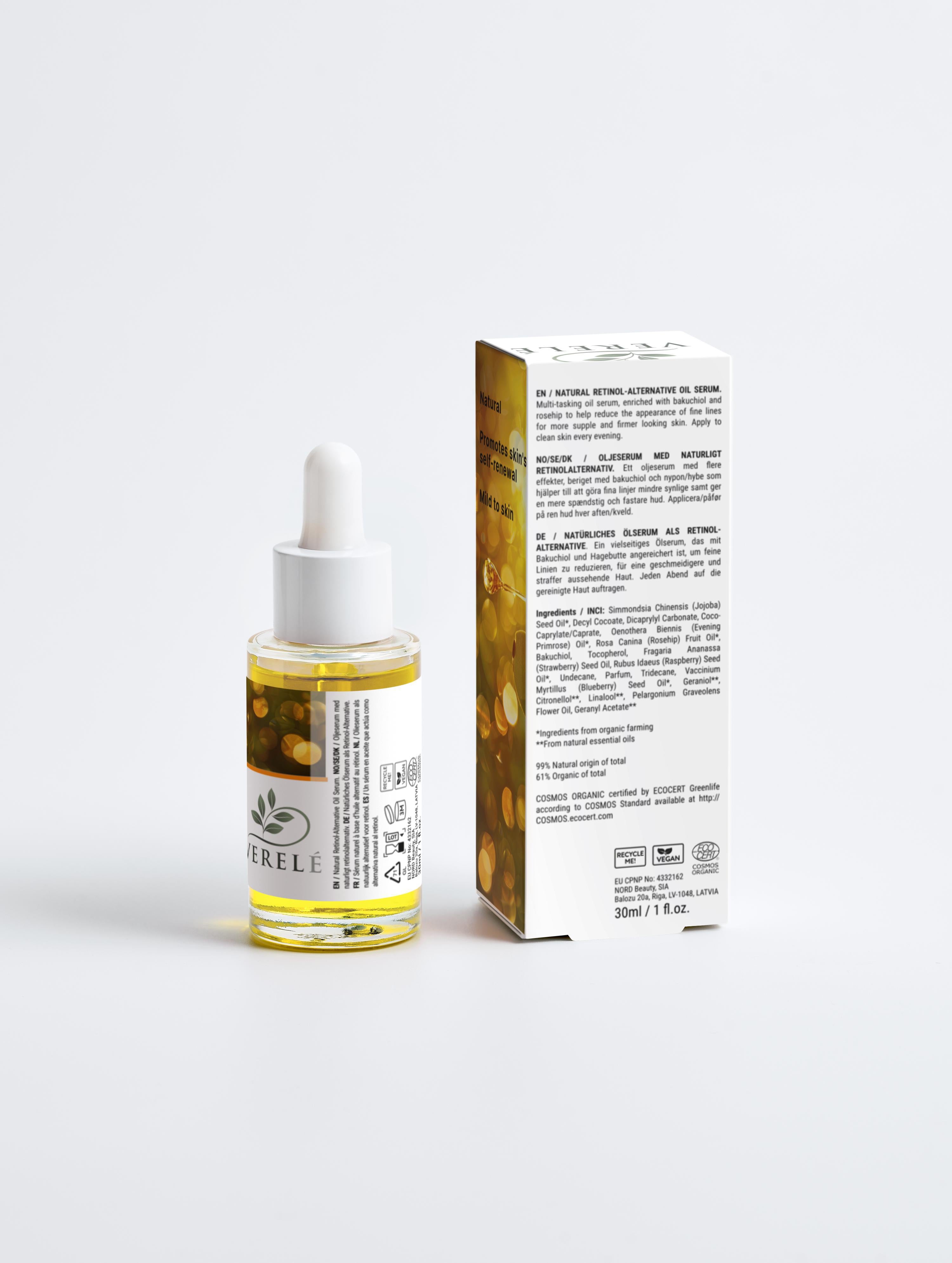Natural Retinol-Alternative Oil Serum with Bakuchiol & Rosehip Oil – Anti-Ageing & Skin Firming – COSMOS ORGANIC Certified, Made in Europe by Verelé, 30 ml / 1.01 fl oz - Verele