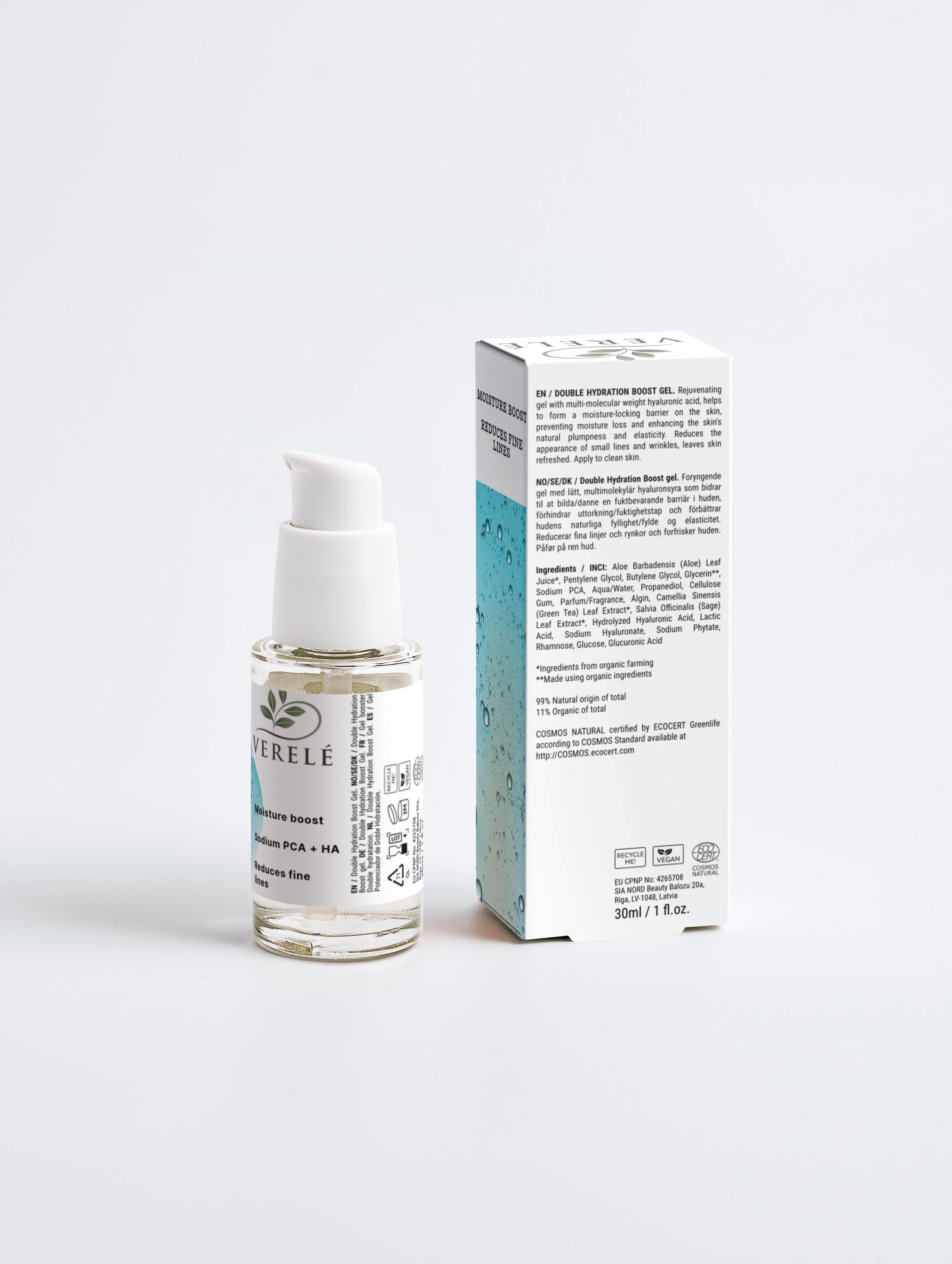 Double Hydration Boost Gel with Hyaluronic Acid & Aloe – Deep Moisture & Fine Line Reduction – COSMOS NATURAL Certified, Made from Natural Ingredients in Europe by Verelé, 30 ml / 1.01 fl oz - Verele