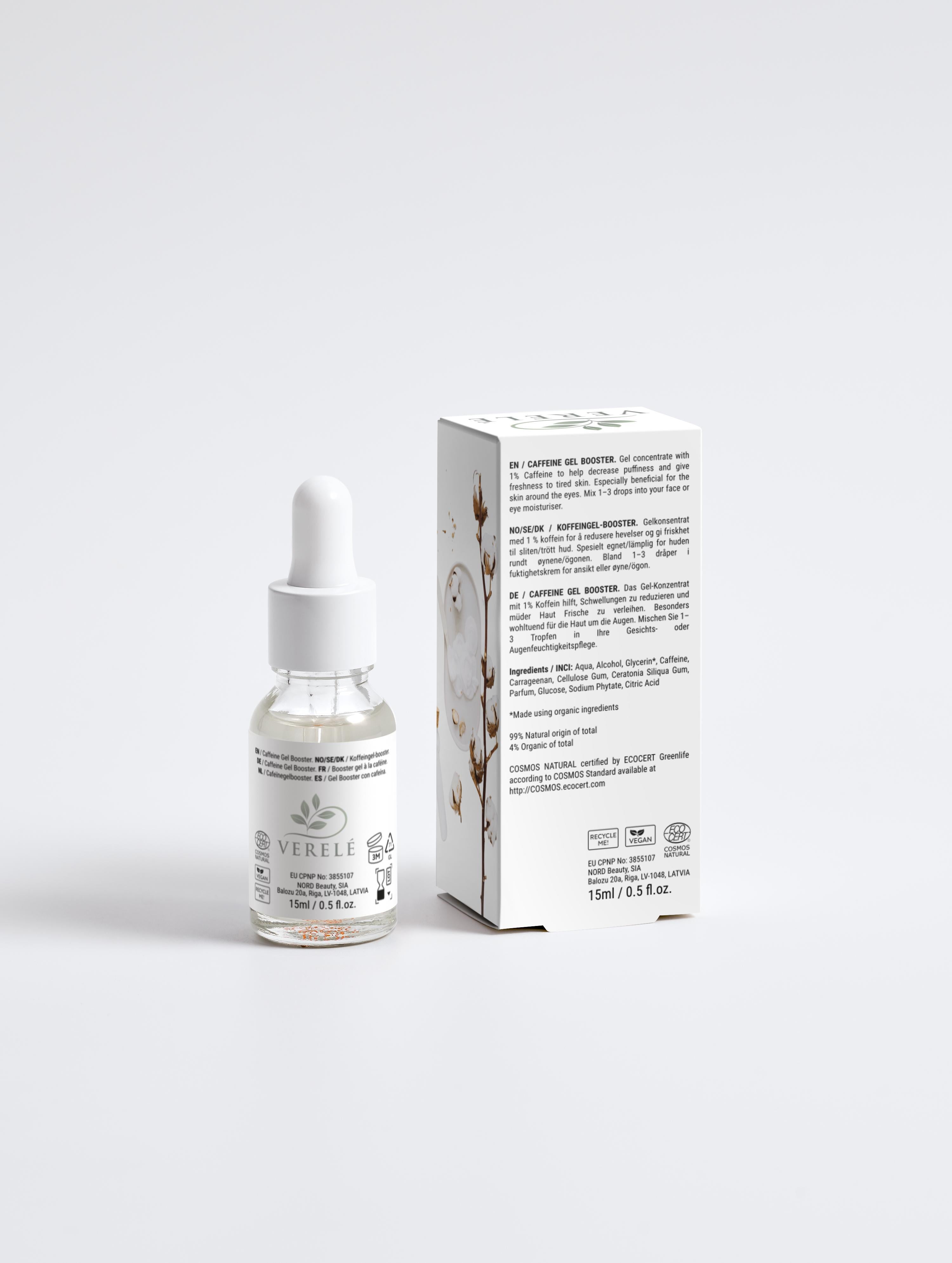 Caffeine Gel Concentrate 1% for Puffiness & Tired Skin – Hydrating & Natural Eye Care – COSMOS NATURAL Certified, Made in Europe by Verelé, 15 ml / 0.51 fl oz - Verele