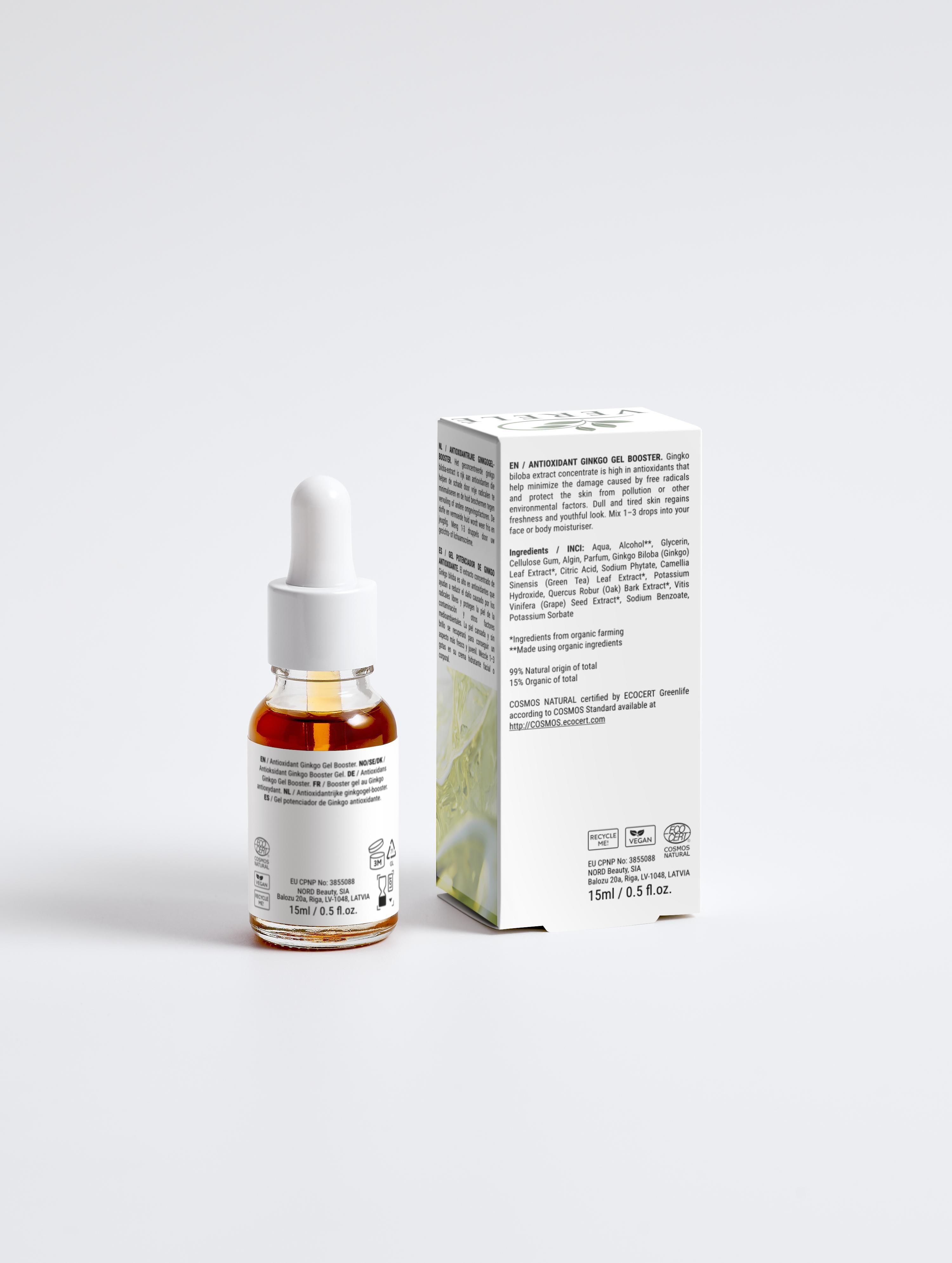 Antioxidant Ginkgo Gel Booster with Green Tea & Grape Seed – Hydrating & Protecting – COSMOS NATURAL Certified, Made from Natural Ingredients in Europe by Verelé, 15 ml / 0.51 fl oz - Verele