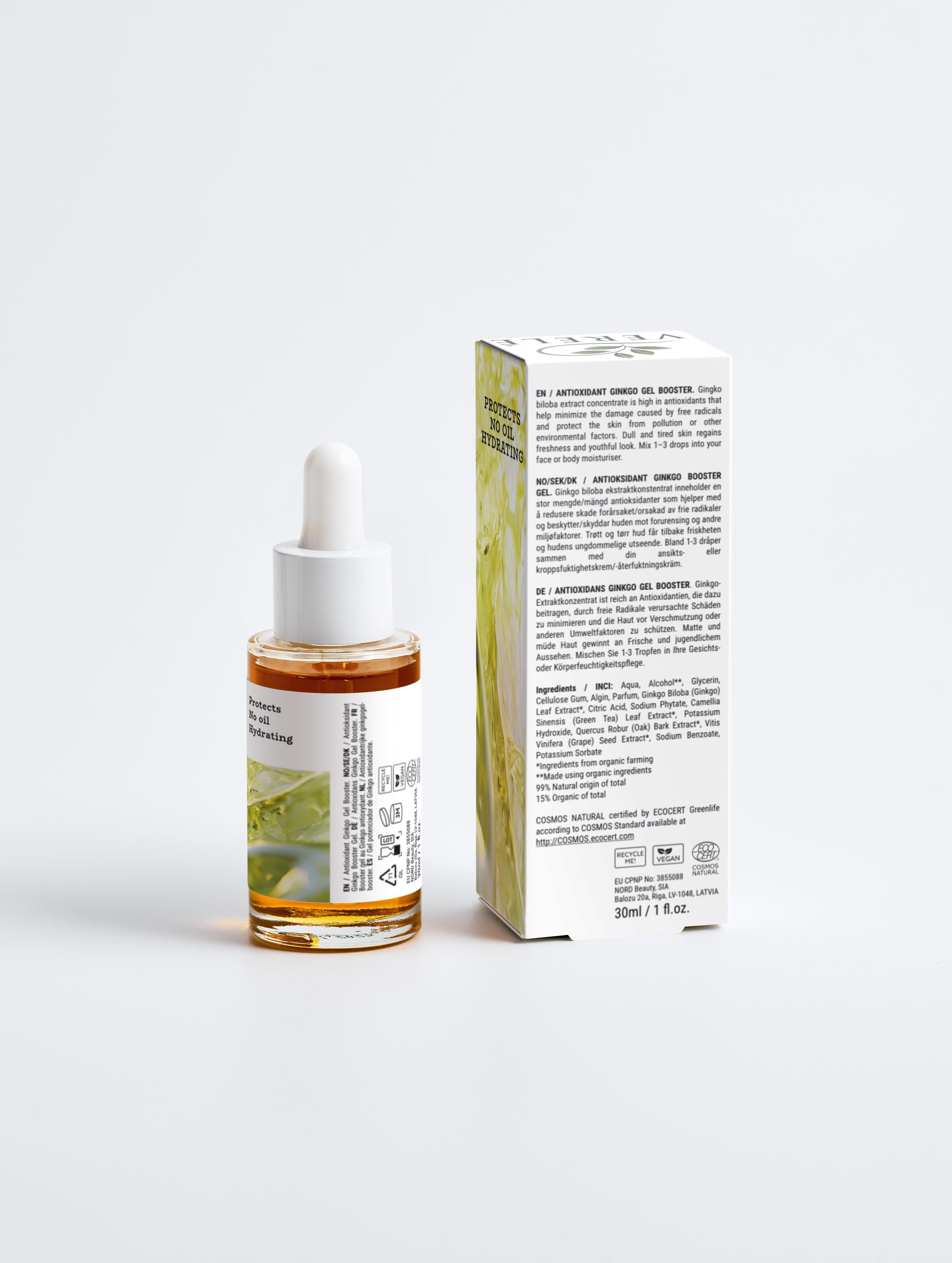 Antioxidant Ginkgo Gel Booster with Green Tea & Grape Seed – Hydrating & Protecting – COSMOS NATURAL Certified, Made from Natural Ingredients in Europe by Verelé, 30 ml / 1.01 fl oz - Verele
