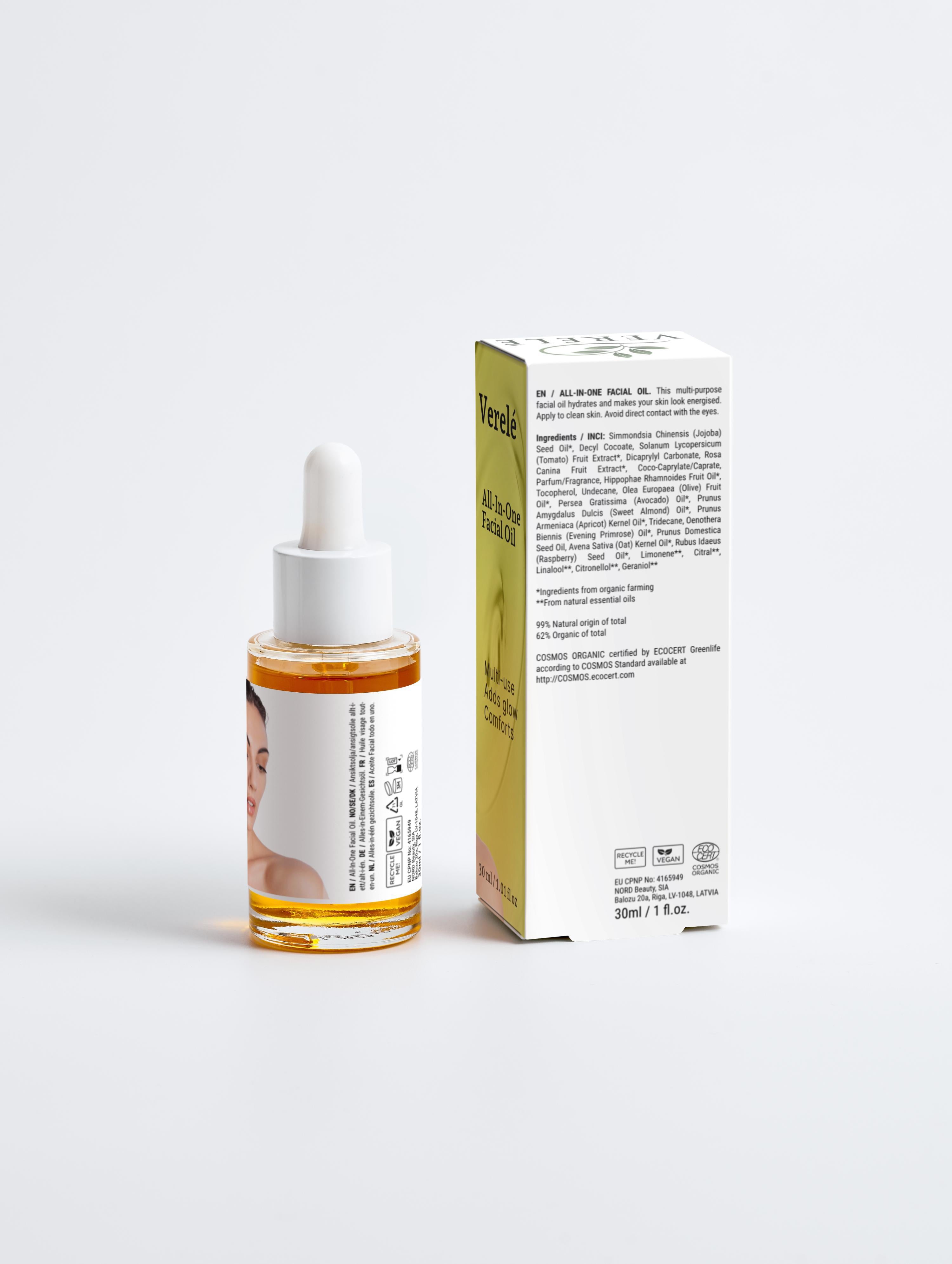 All-In-One Facial Oil with Organic Jojoba & Avocado Oil – Hydrating & Multi-Use Glow Booster – COSMOS ORGANIC Certified, Made in Europe by Verelé, 30 ml / 1.01 fl oz - Verele