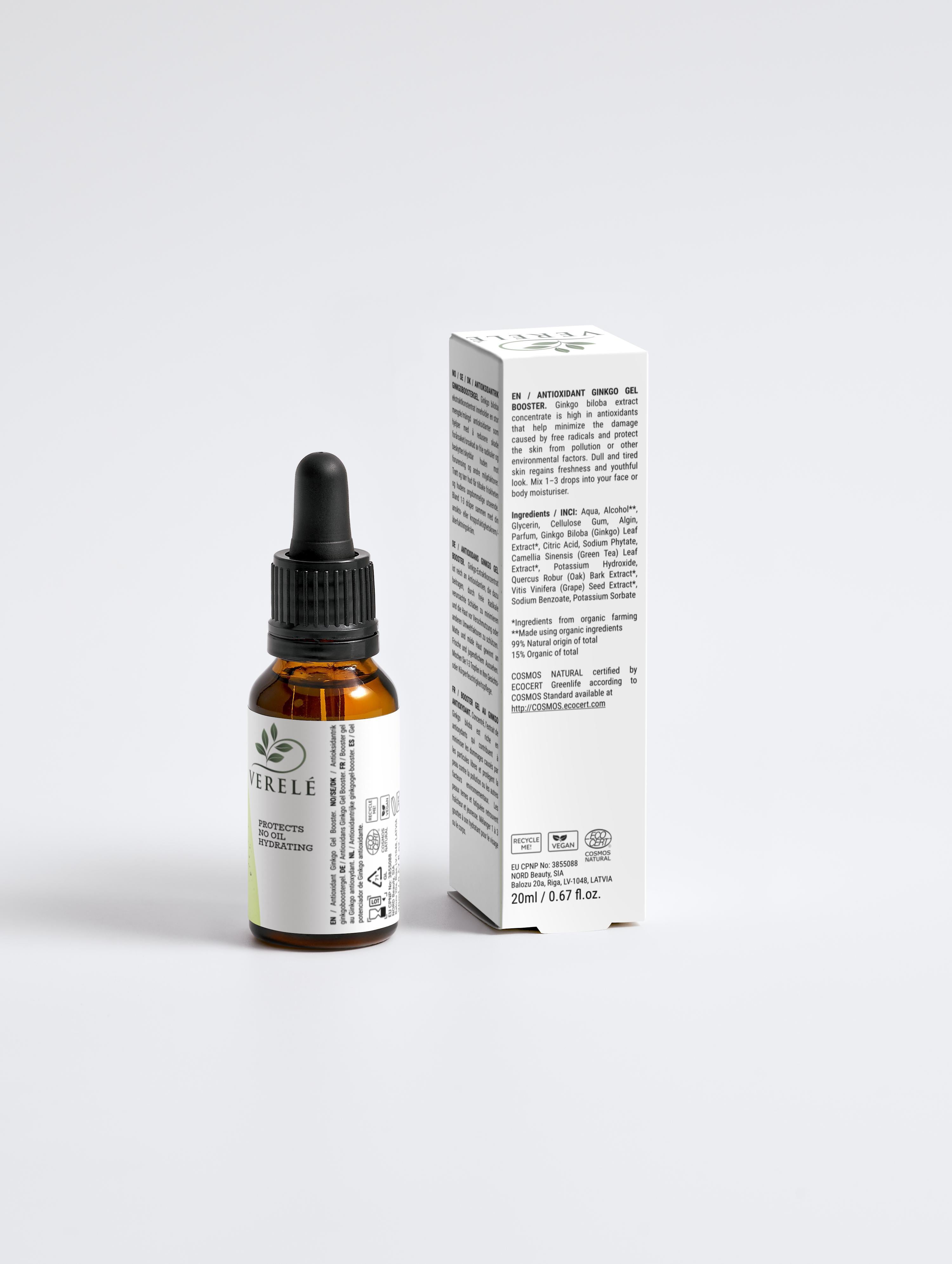 Antioxidant Ginkgo Gel Booster with Organic Green Tea & Grape Seed Extract – Hydrating & Pollution Protection – COSMOS NATURAL Certified, Made in Europe by Verelé, 20 ml / 0.68 fl oz - Verele