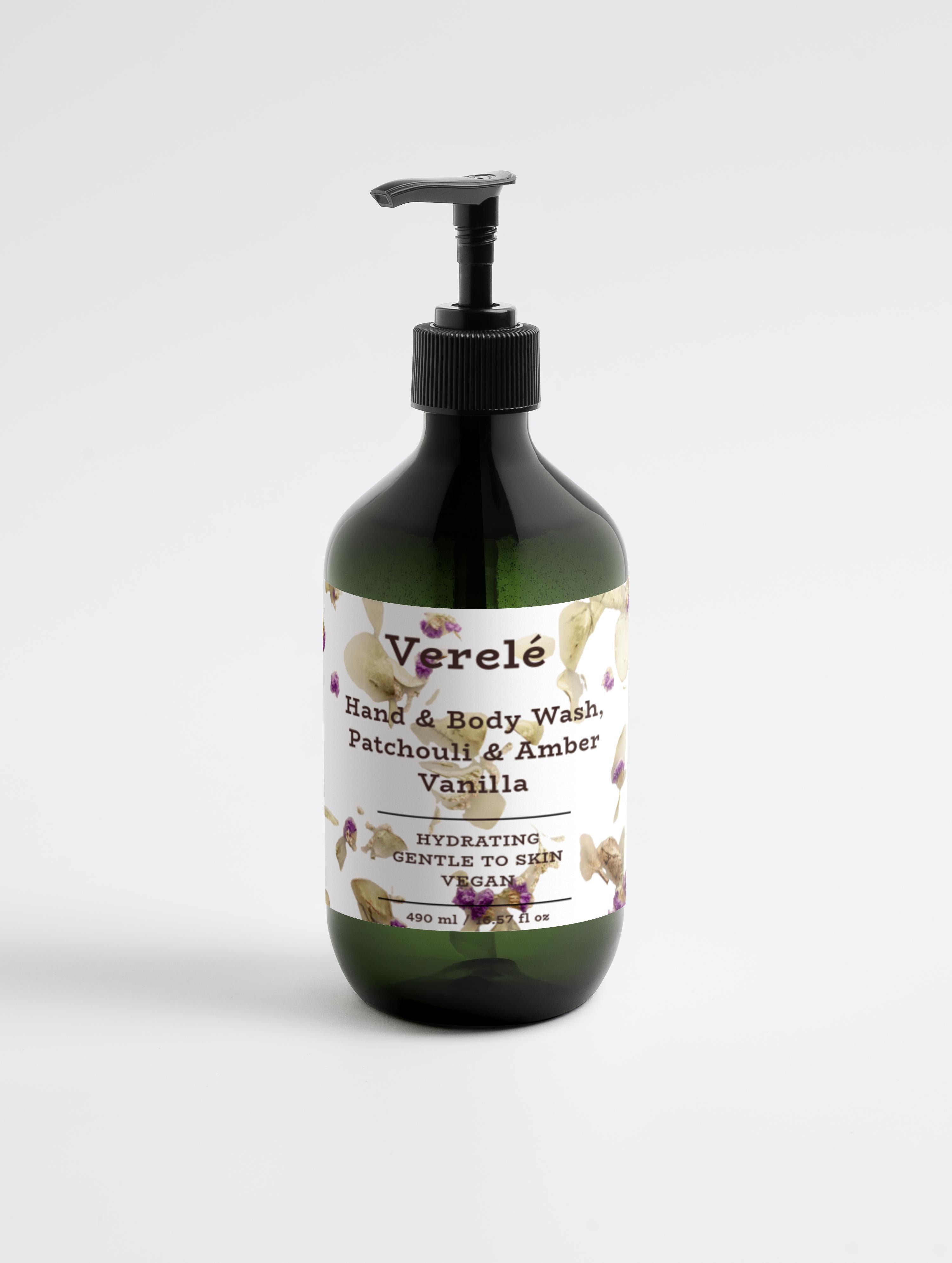 Hand & Body Wash with Organic Patchouli & Amber Vanilla – Hydrating & Vegan – COSMOS NATURAL Certified, Made in Europe by Verelé, 490 ml / 16.57 fl oz - Verele
