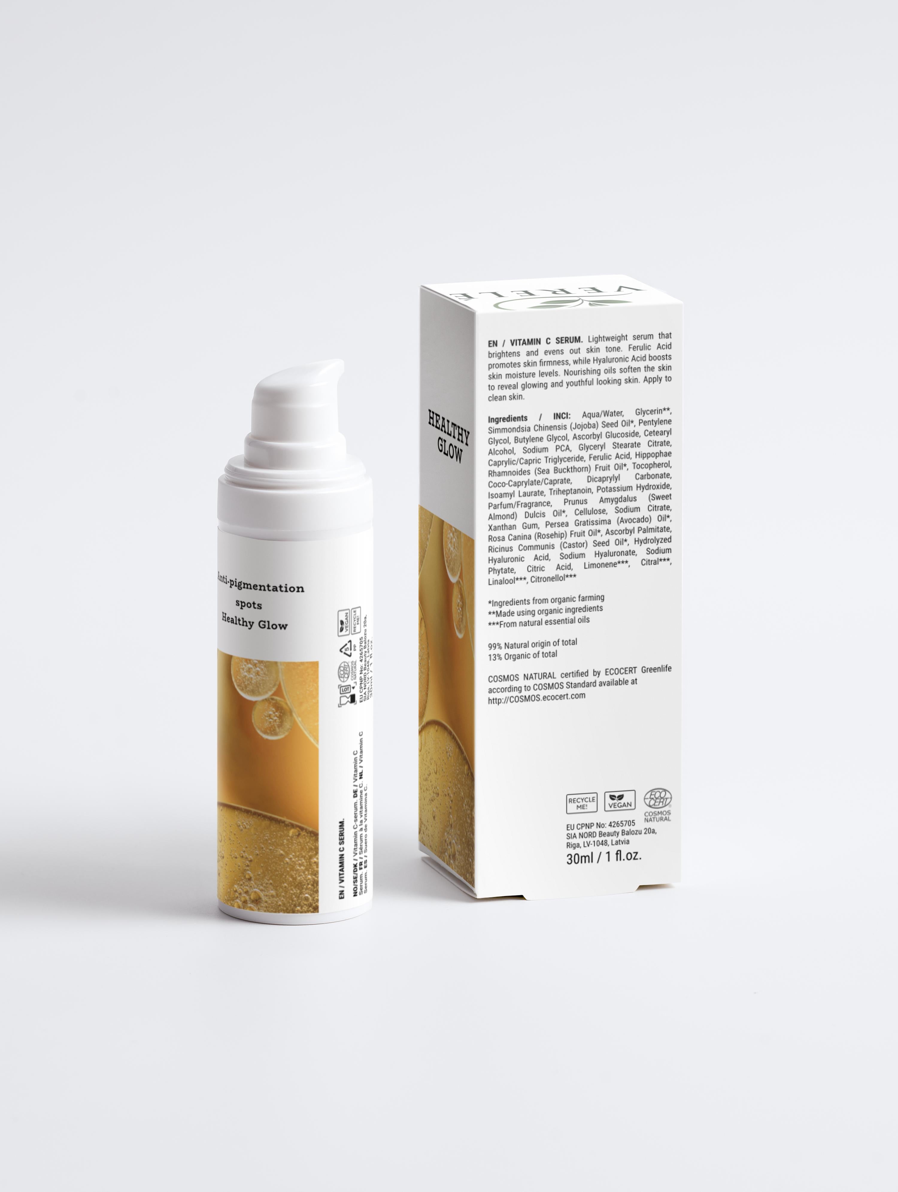 Vitamin C Serum with 2% Natural Vitamin C, Ferulic Acid & Sea Buckthorn – Brightens & Evens Skin Tone – COSMOS NATURAL Certified, Made from Organic Ingredients in Europe by Verelé,  30 ml / 1.01 fl oz - Verele