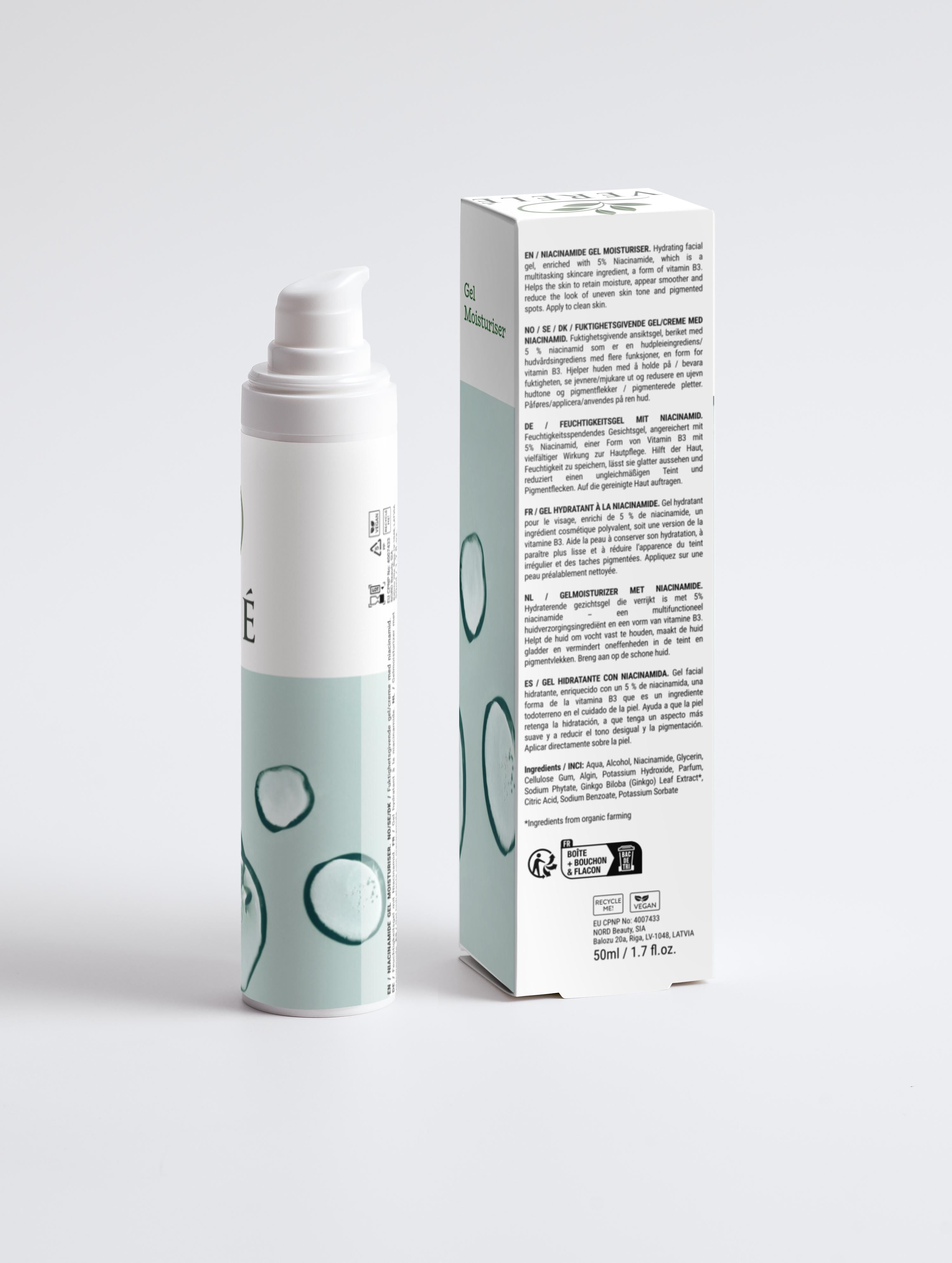 Niacinamide Gel Moisturiser with 5% Vitamin B3 – Brightens & Evens Skin Tone – Made from Natural Ingredients in Europe by Verelé, 50 ml / 1.69 fl oz - Verele