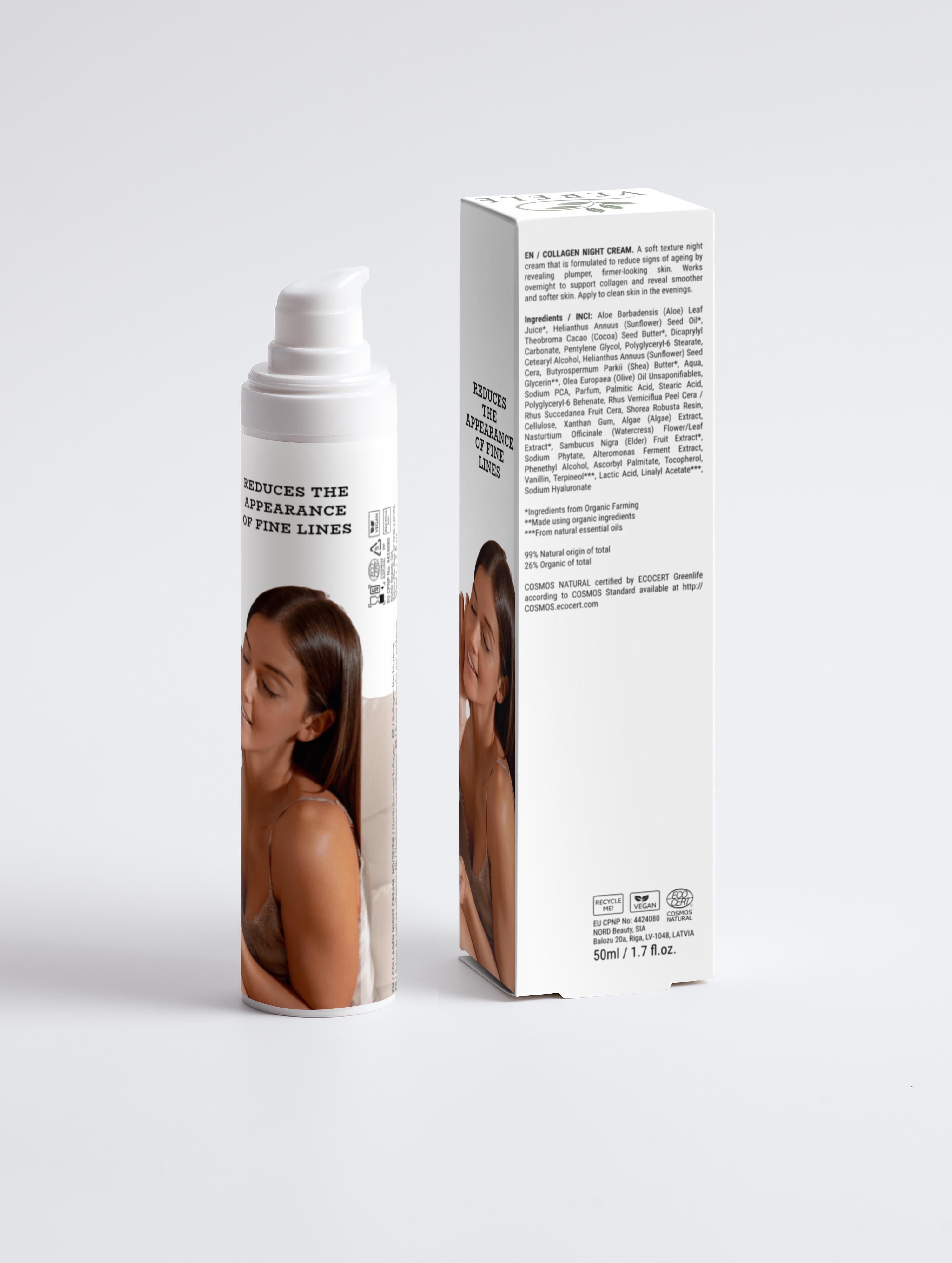 Collagen Anti-Age Night Cream with Organic Shea & Cocoa Butter – Firming & Hydrating – COSMOS NATURAL Certified, Made in Europe by Verelé, 50 ml / 1.69 fl oz - Verele