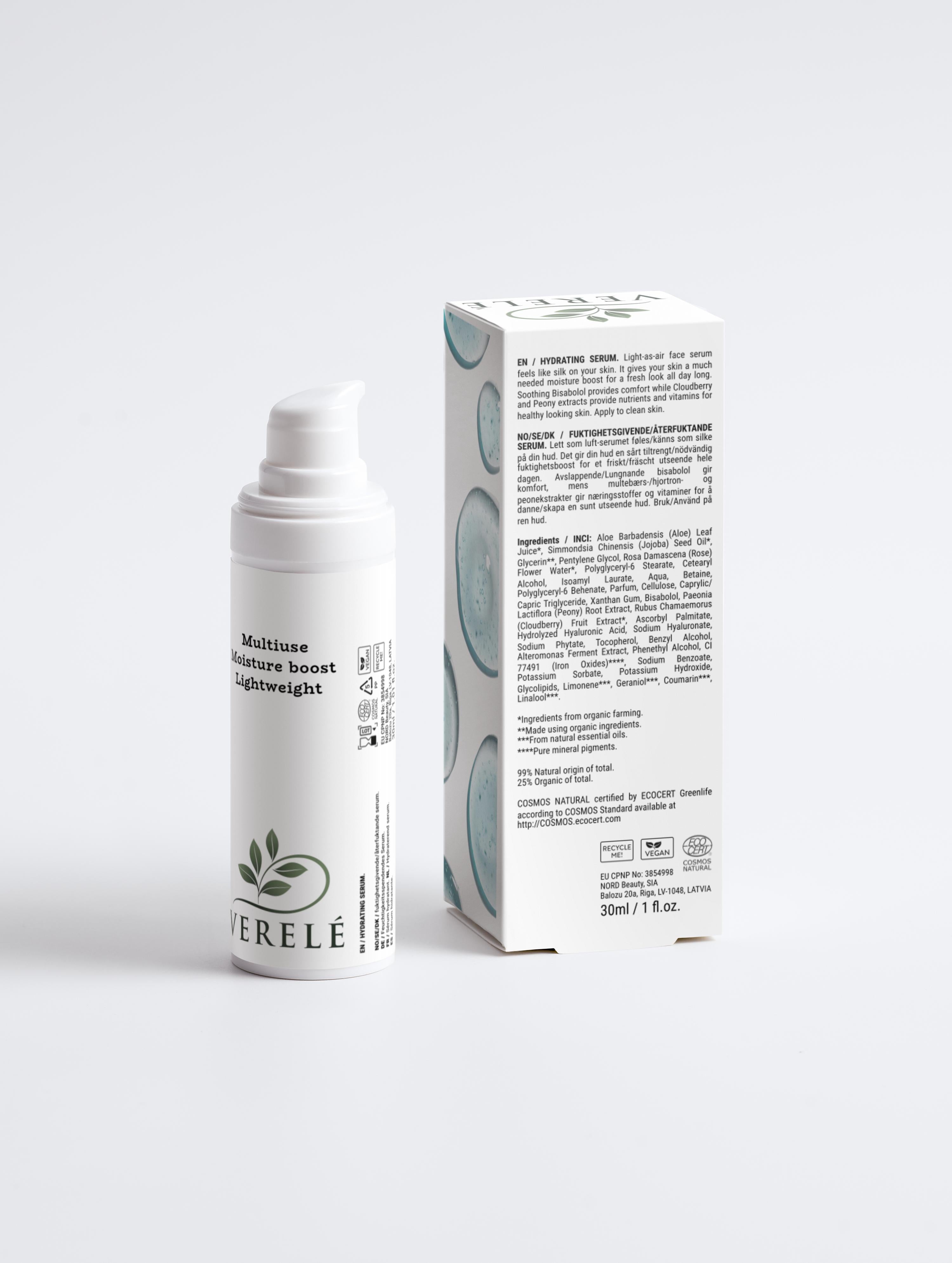 Hydrating Serum with Organic Aloe, Rose Flower Water & Hyaluronic Acid – Moisture Boost for All Skin Types – COSMOS NATURAL Certified, Made in Europe by Verelé, 30 ml / 1.01 fl oz - Verele