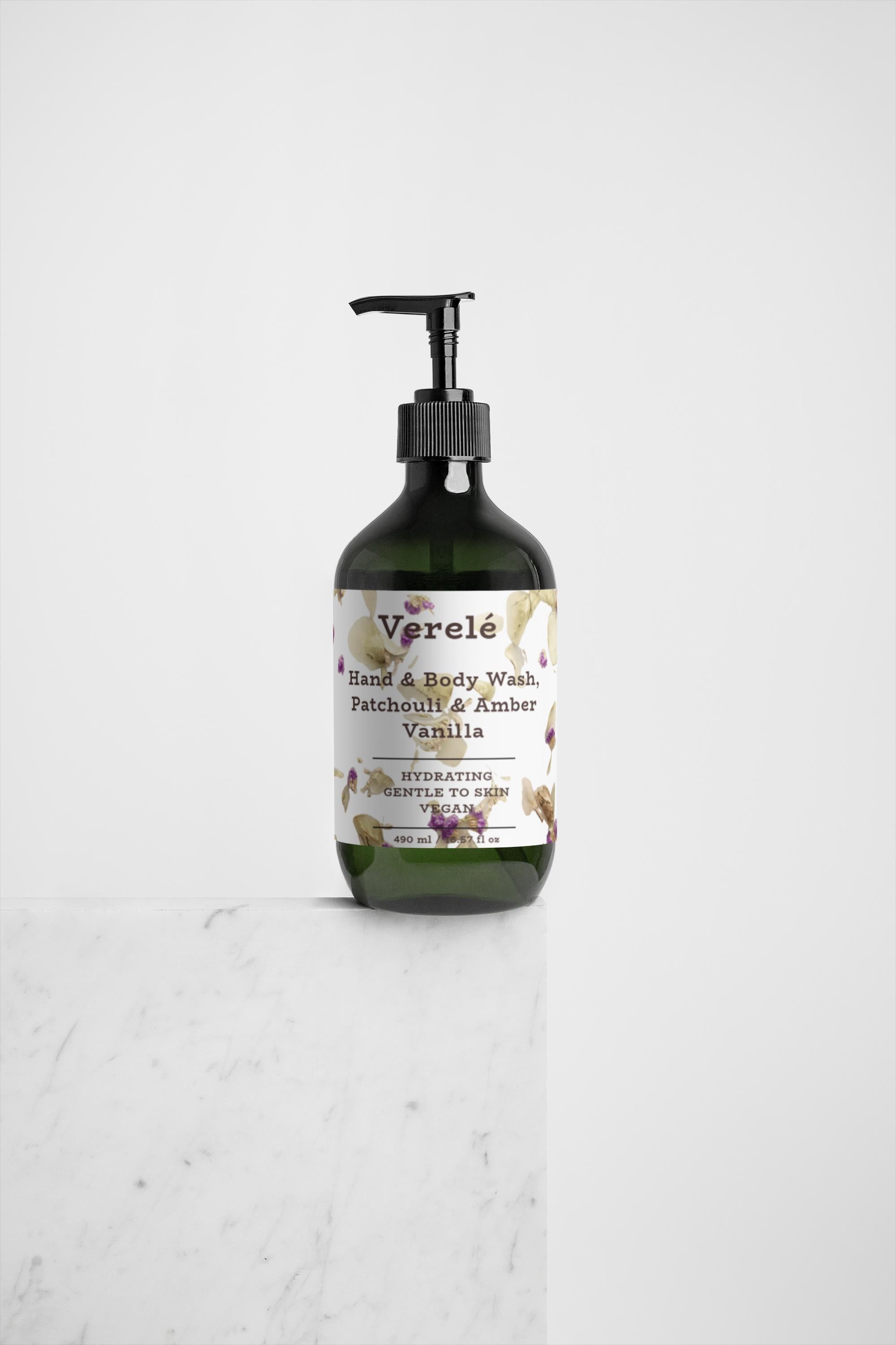 Hand & Body Wash with Organic Patchouli & Amber Vanilla – Hydrating & Vegan – COSMOS NATURAL Certified, Made in Europe by Verelé, 490 ml / 16.57 fl oz - Verele