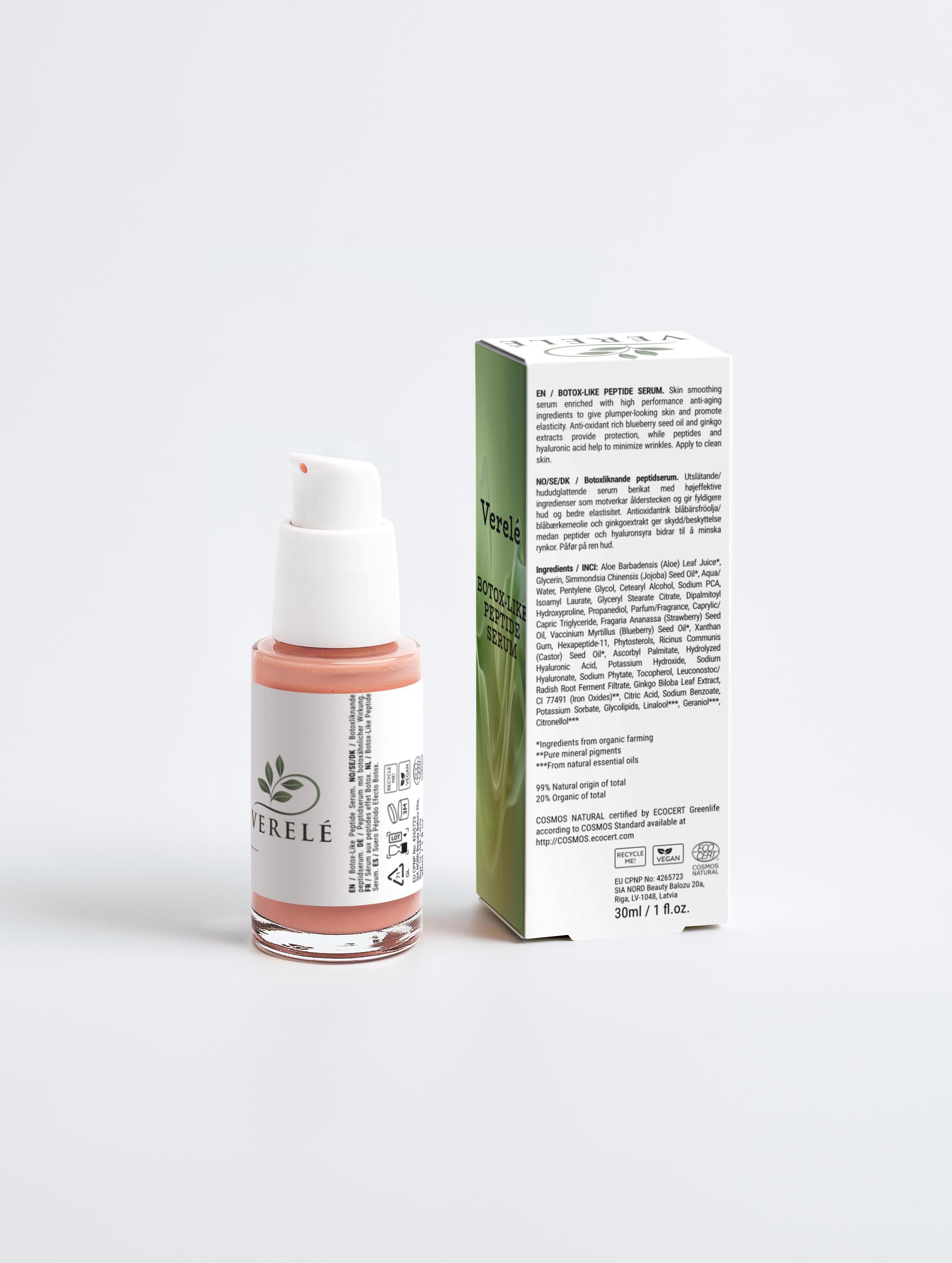 Botox-Like Peptide Serum with Organic Aloe & Hyaluronic Acid – Smooths & Reduces Fine Lines – COSMOS NATURAL Certified, Made from Natural Ingredients in Europe by Verelé, 30 ml / 1.01 fl oz - Verele