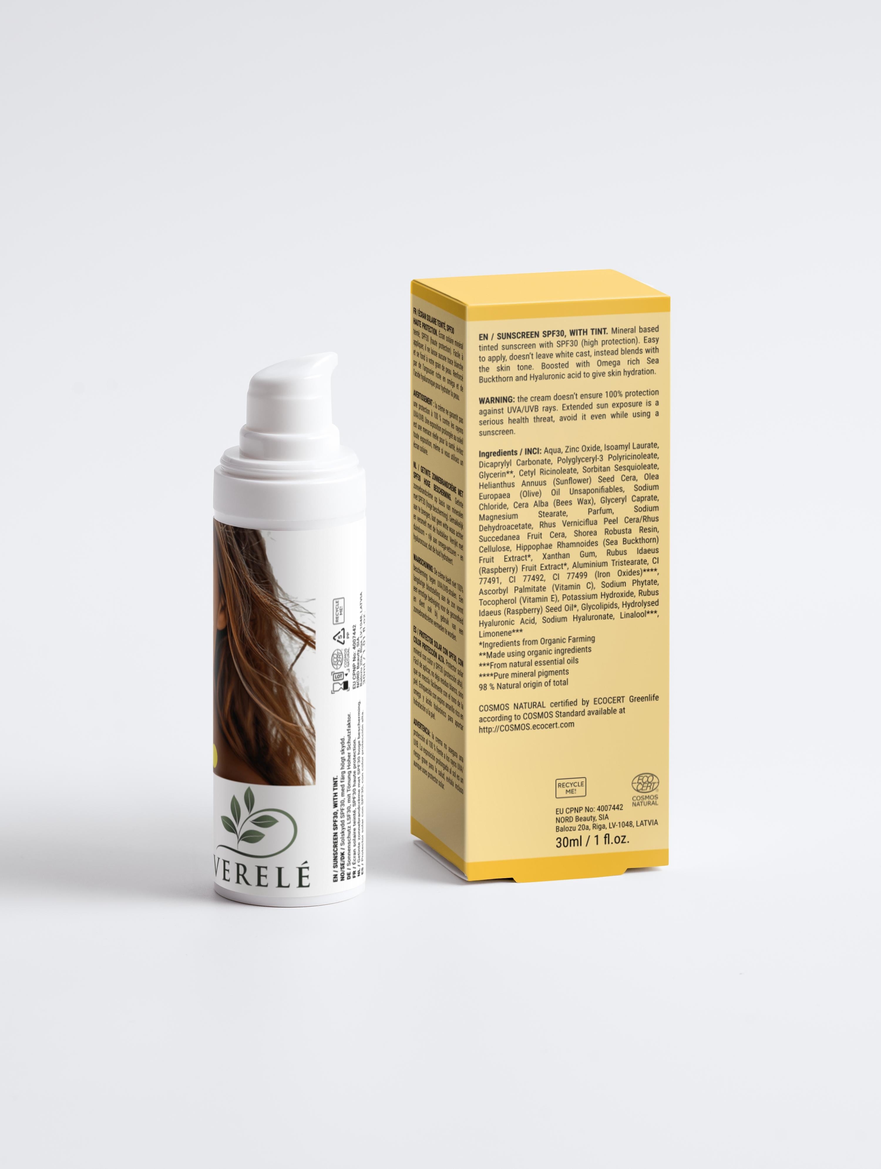 Tinted Sunscreen SPF30 with Sea Buckthorn & Hyaluronic Acid – Mineral-Based, High Protection – COSMOS NATURAL Certified, Made from Natural Ingredients in Europe by Verelé, 30 ml / 1.01 fl oz - Verele