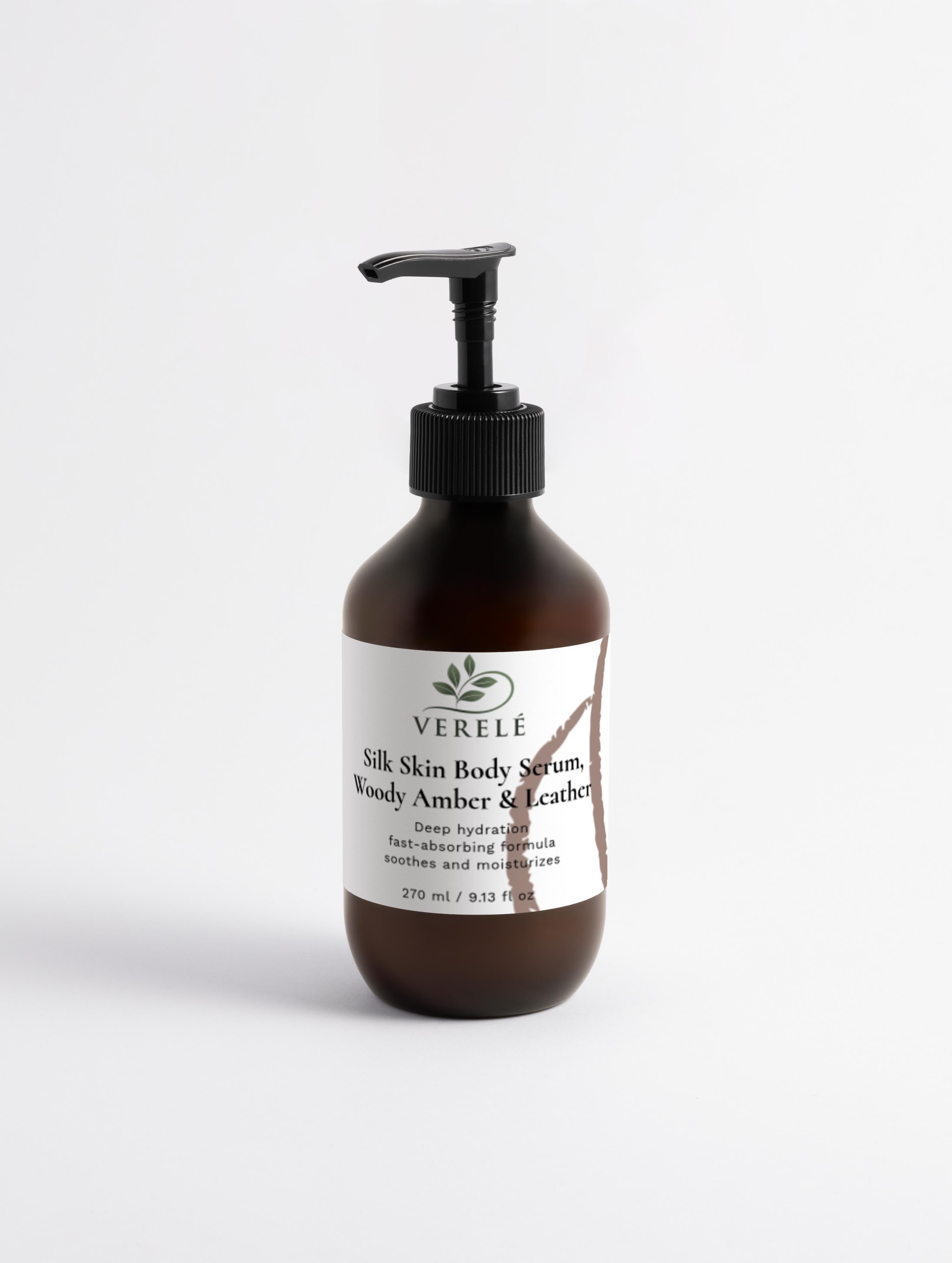 Silk Skin Body Serum with Jojoba, Rosehip & Hyaluronic Acid – Deep Hydration with Woody Amber & Leather – COSMOS NATURAL Certified, Made from Natural Ingredients in Europe by Verelé, 270 ml / 9.13 fl oz - Verele