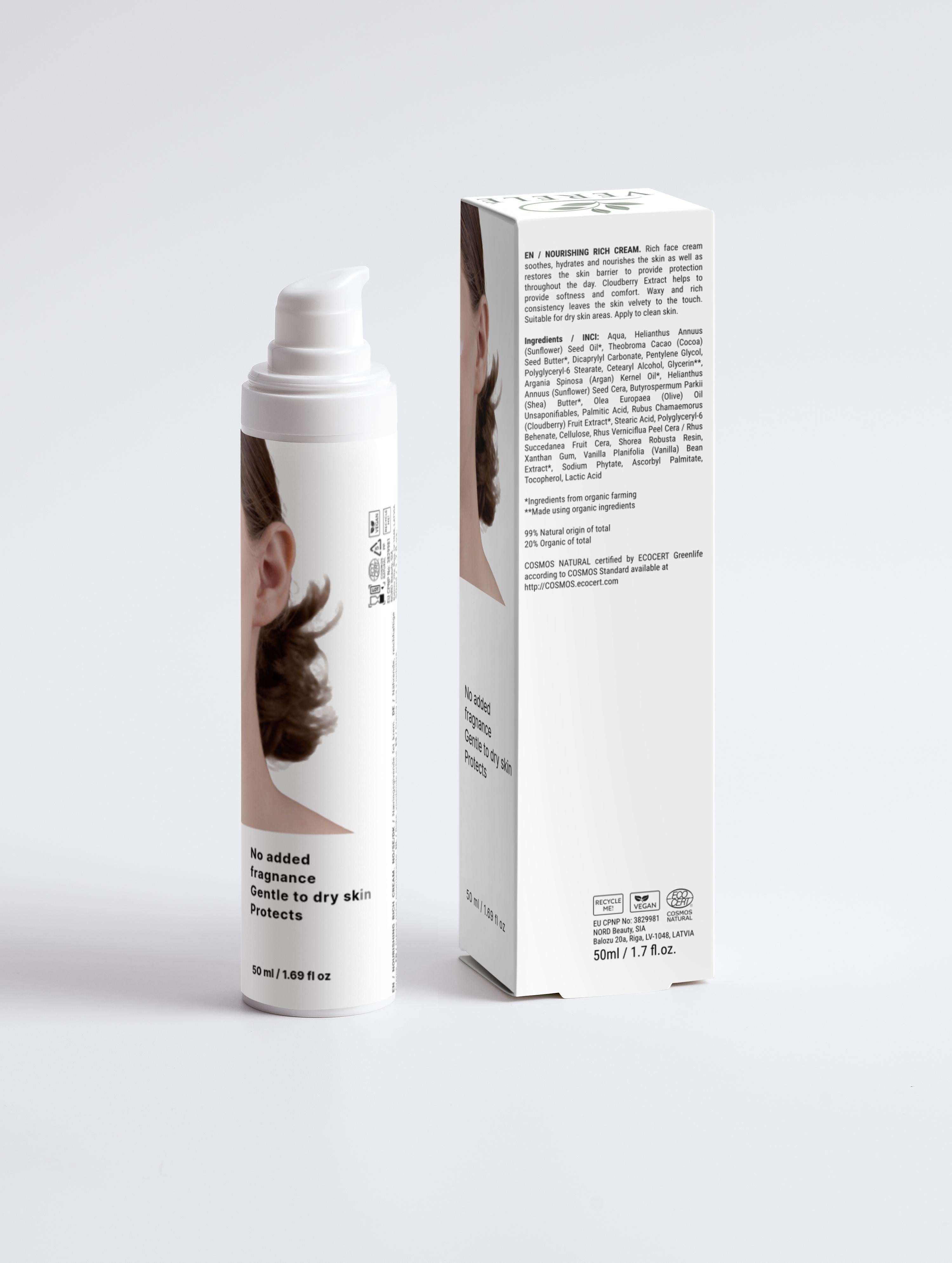 Nourishing Rich Cream with Organic Cloudberry, Shea & Cocoa Butter – Deep Hydration & Skin Barrier Protection – COSMOS NATURAL Certified, Made in Europe by Verelé, 50 ml / 1.69 fl oz - Verele