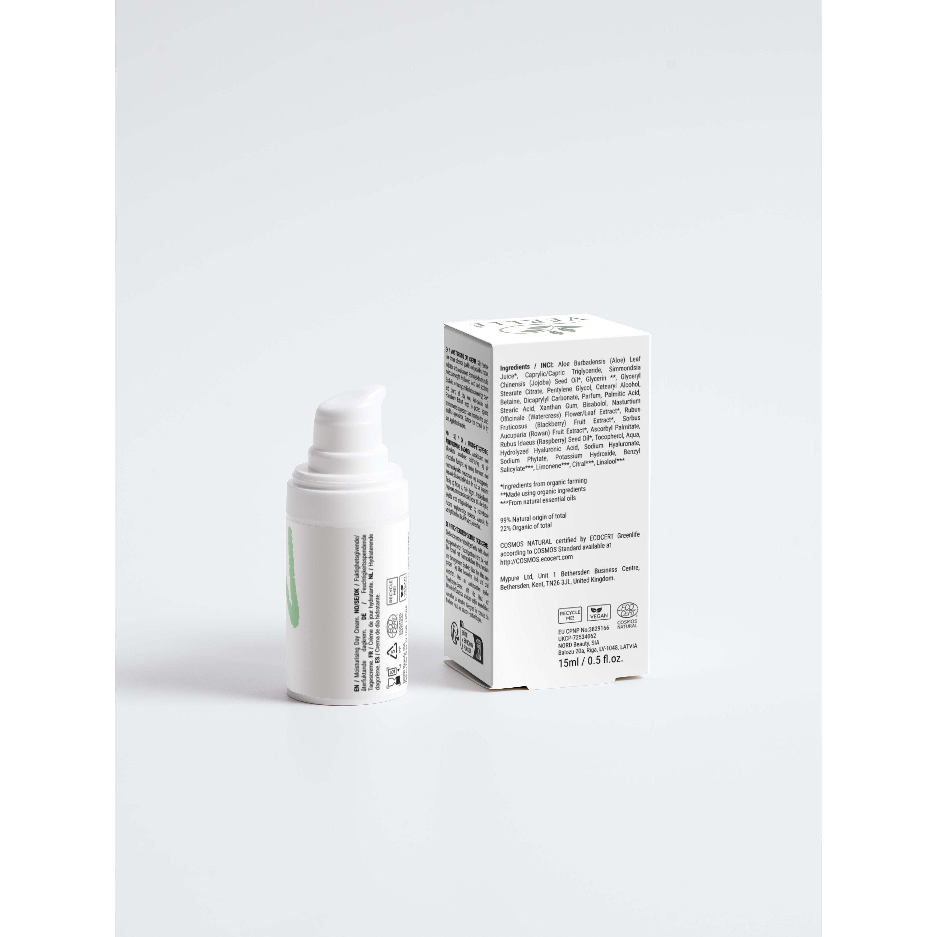 Moisturising Day Cream with Hyaluronic Acid, Rowanberry & Jojoba Oil – Hydrating & Dewy Finish – COSMOS NATURAL Certified, Made from Natural Ingredients in Europe by Verelé, 15 ml / 0.51 fl oz - Verele