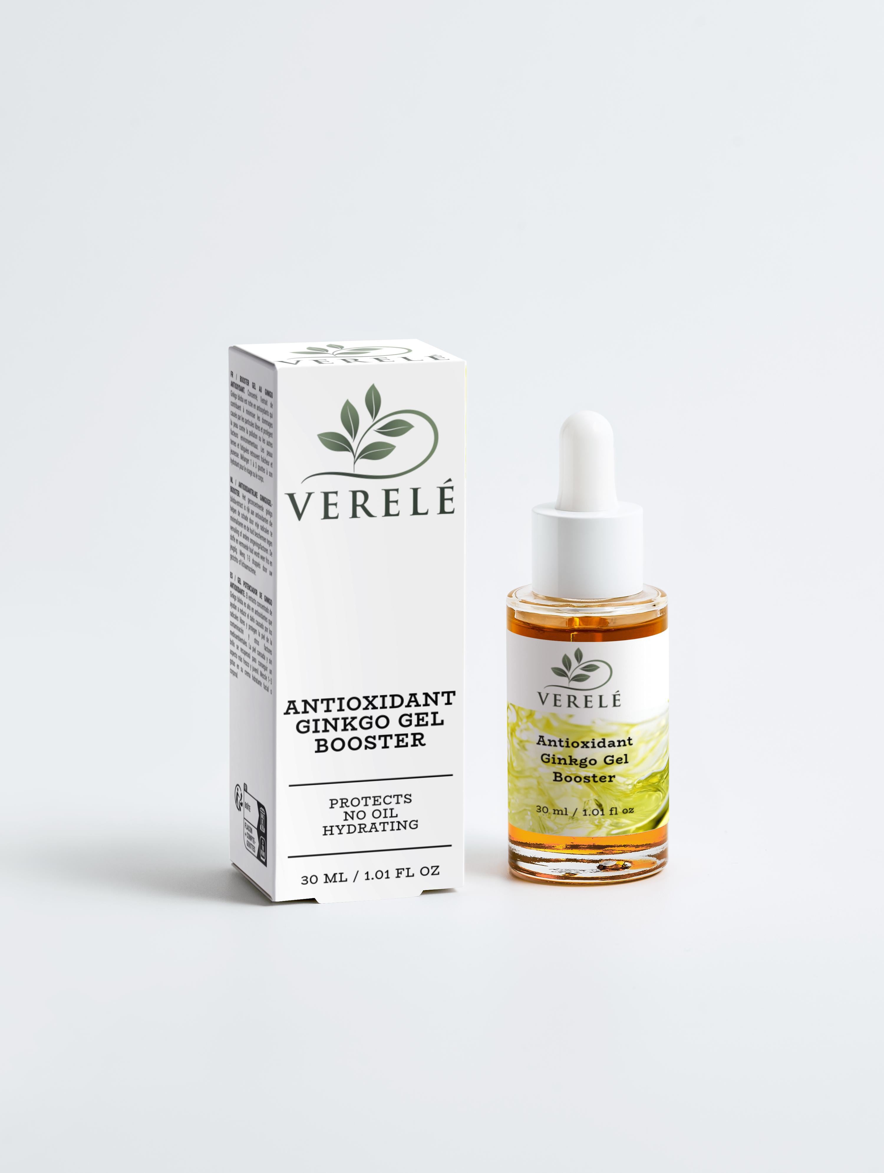 Antioxidant Ginkgo Gel Booster with Green Tea & Grape Seed – Hydrating & Protecting – COSMOS NATURAL Certified, Made from Natural Ingredients in Europe by Verelé, 30 ml / 1.01 fl oz - Verele