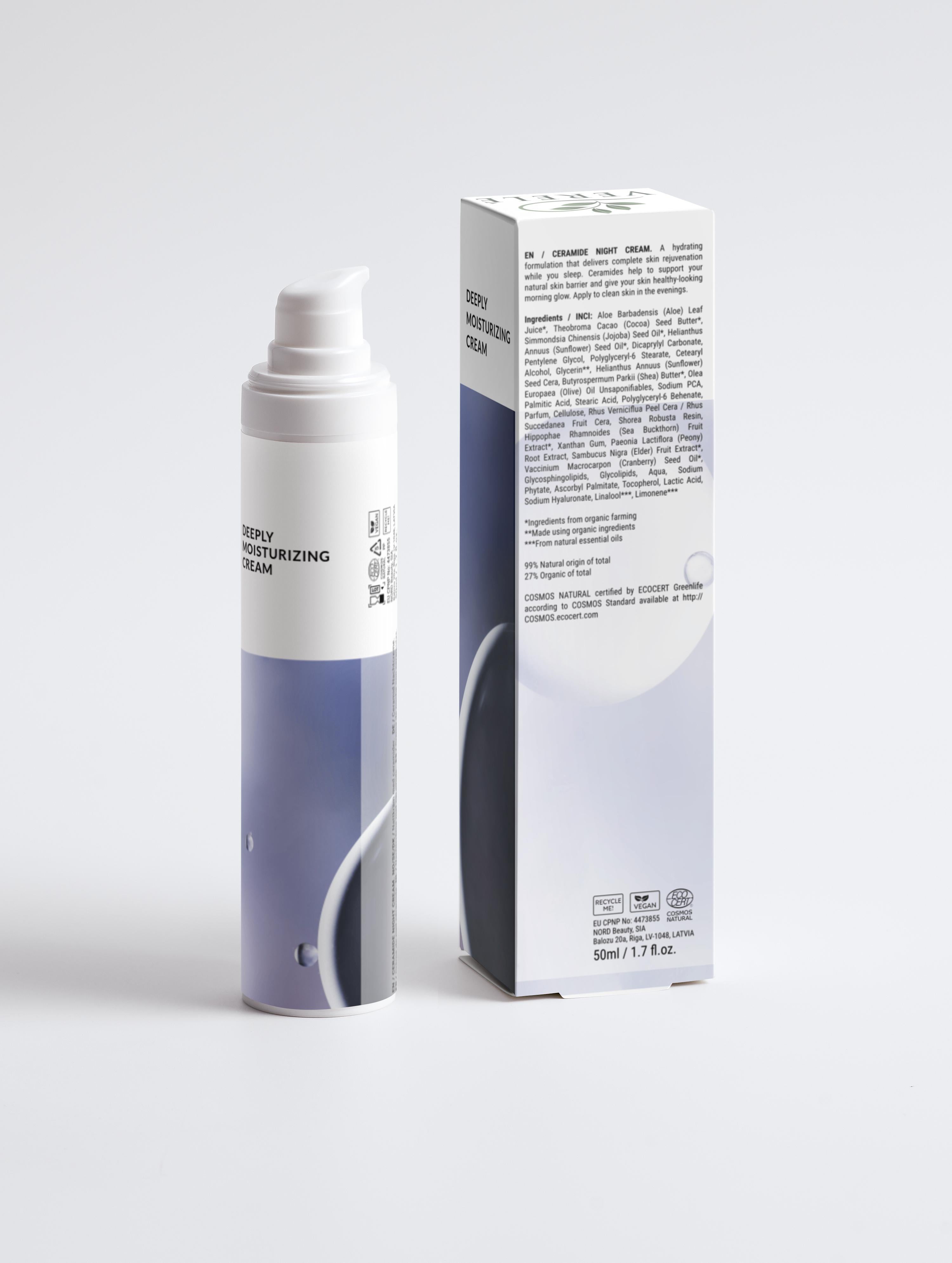 Ceramide Hydrating Night Cream with Organic Shea Butter, Aloe & Jojoba Oil – Deep Moisture & Rejuvenation – COSMOS NATURAL Certified, Made in Europe by Verelé, 50 ml / 1.69 fl oz - Verele